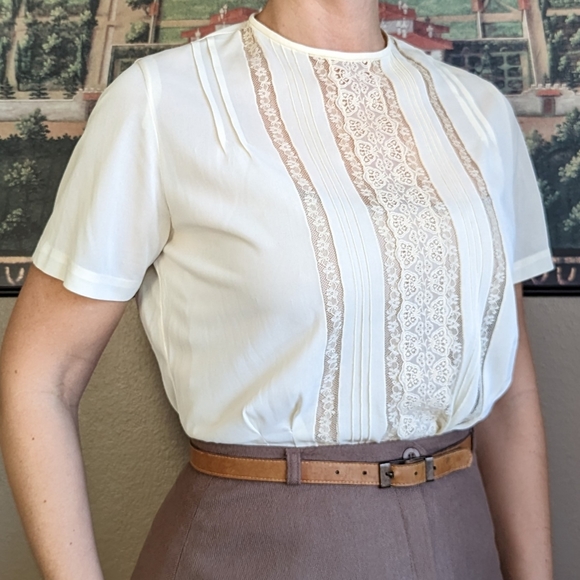 vintage midcentury NYLON BLOUSE cream M - Picture 1 of 16